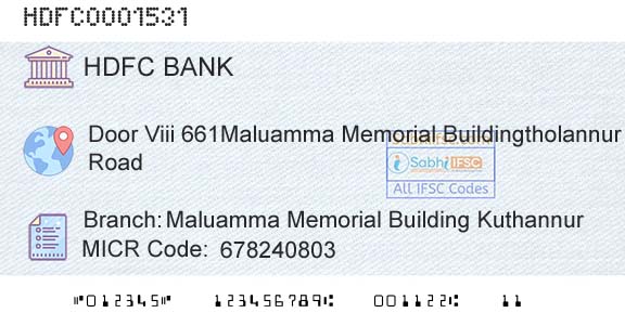 Hdfc Bank Maluamma Memorial Building KuthannurBranch 