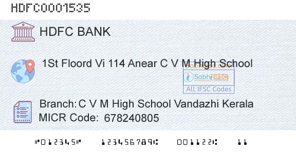 Hdfc Bank C V M High School Vandazhi KeralaBranch 