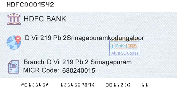 Hdfc Bank D Vii 219 Pb 2 SrinagapuramBranch 