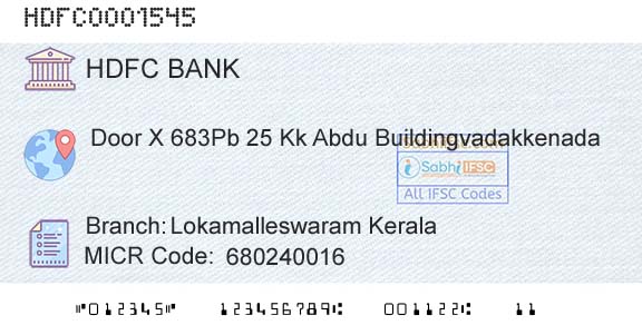 Hdfc Bank Lokamalleswaram KeralaBranch 