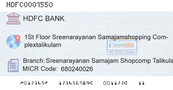 Hdfc Bank Sreenarayanan Samajam Shopcomp TalikulamBranch 
