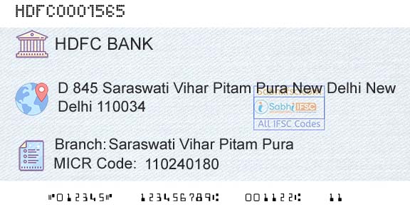 Hdfc Bank Saraswati Vihar Pitam PuraBranch 