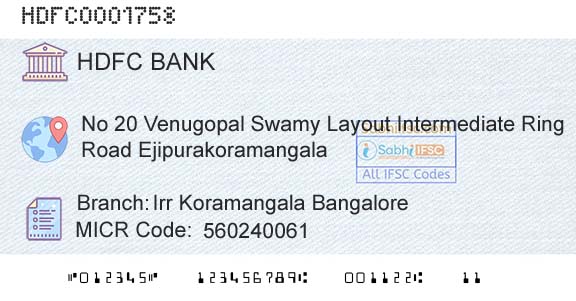 Hdfc Bank Irr Koramangala BangaloreBranch 
