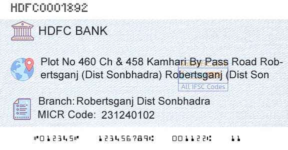 Hdfc Bank Robertsganj Dist Sonbhadra Branch 