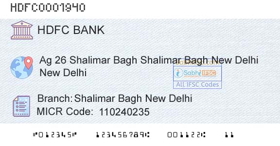 Hdfc Bank Shalimar Bagh New DelhiBranch 