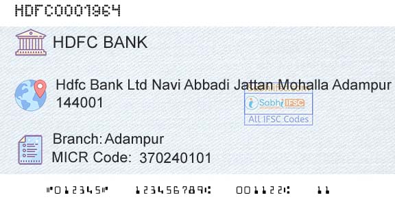 Hdfc Bank AdampurBranch 