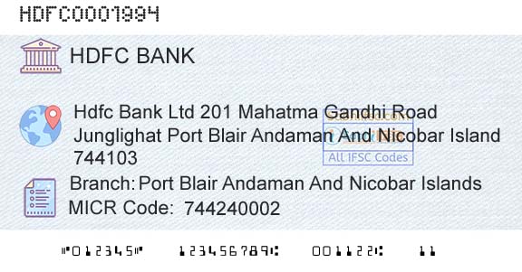 Hdfc Bank Port Blair Andaman And Nicobar IslandsBranch 