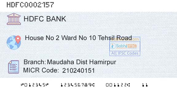 Hdfc Bank Maudaha Dist Hamirpur Branch 