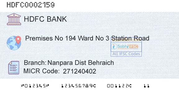 Hdfc Bank Nanpara Dist Behraich Branch 