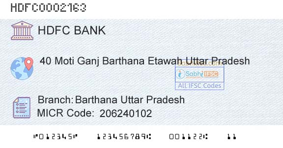 Hdfc Bank Barthana Uttar PradeshBranch 
