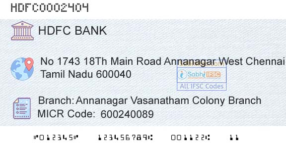 Hdfc Bank Annanagar  Vasanatham Colony BranchBranch 