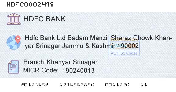 Hdfc Bank Khanyar SrinagarBranch 