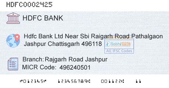 Hdfc Bank Rajgarh Road JashpurBranch 
