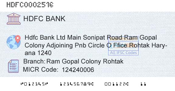 Hdfc Bank Ram Gopal Colony RohtakBranch 