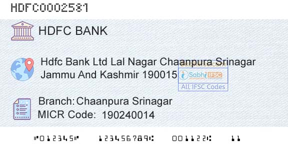 Hdfc Bank Chaanpura SrinagarBranch 