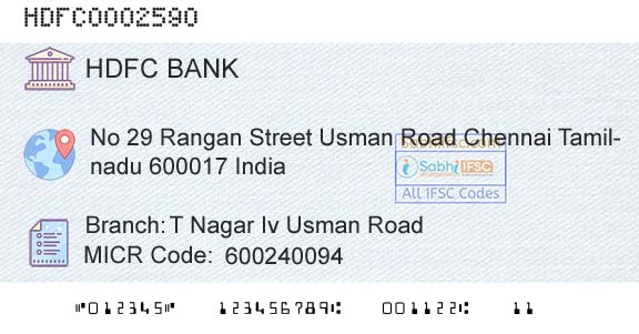 Hdfc Bank T Nagar Iv Usman RoadBranch 
