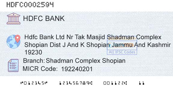 Hdfc Bank Shadman Complex ShopianBranch 