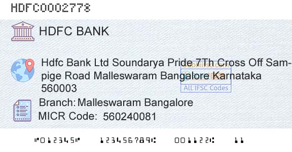 Hdfc Bank Malleswaram BangaloreBranch 