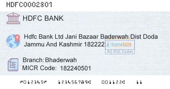 Hdfc Bank BhaderwahBranch 