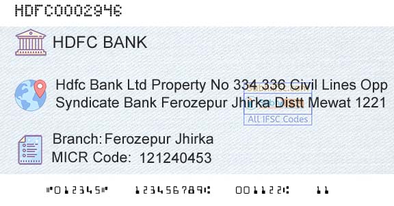 Hdfc Bank Ferozepur JhirkaBranch 