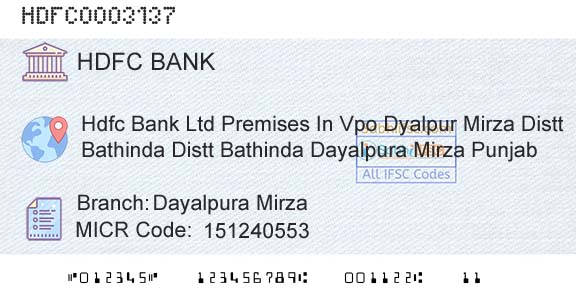 Hdfc Bank Dayalpura MirzaBranch 