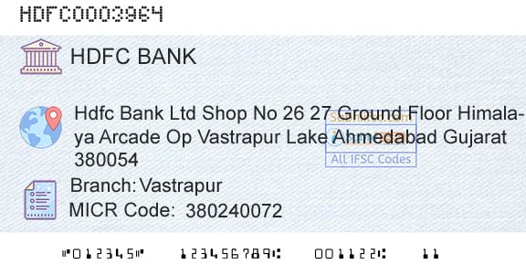 Hdfc Bank VastrapurBranch 