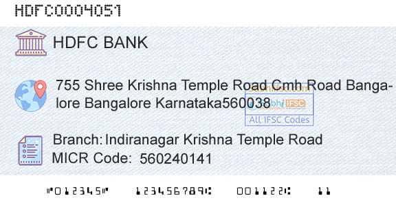 Hdfc Bank Indiranagar Krishna Temple RoadBranch 
