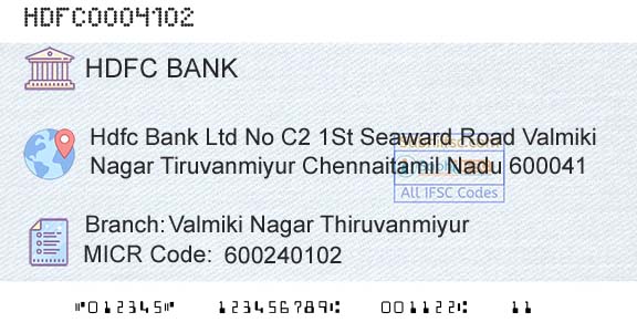 Hdfc Bank Valmiki Nagar ThiruvanmiyurBranch 