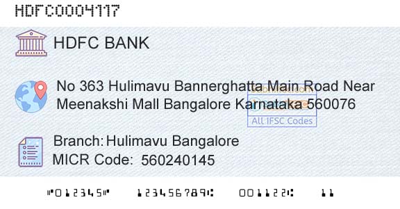 Hdfc Bank Hulimavu BangaloreBranch 