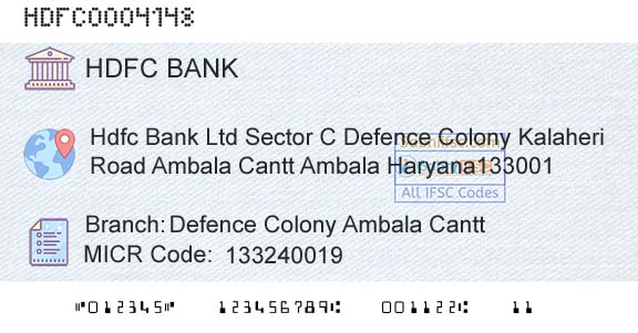 Hdfc Bank Defence Colony Ambala CanttBranch 