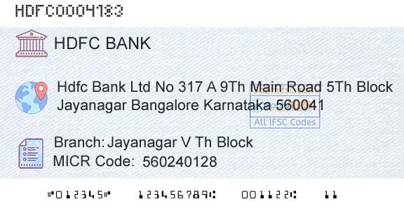 Hdfc Bank Jayanagar V Th BlockBranch 