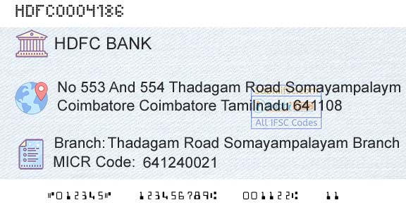 Hdfc Bank Thadagam Road Somayampalayam BranchBranch 