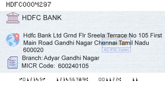Hdfc Bank Adyar Gandhi NagarBranch 