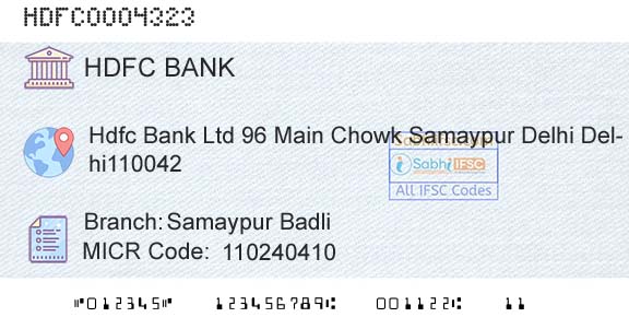 Hdfc Bank Samaypur BadliBranch 