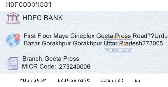 Hdfc Bank Geeta PressBranch 