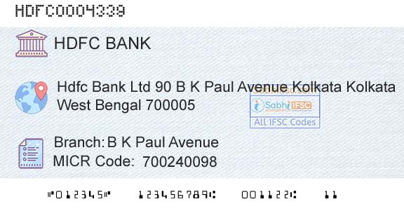 Hdfc Bank B K Paul AvenueBranch 