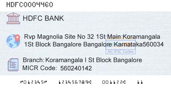 Hdfc Bank Koramangala I St Block BangaloreBranch 