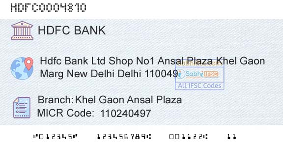 Hdfc Bank Khel Gaon Ansal PlazaBranch 