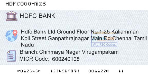 Hdfc Bank Chinmaya Nagar VirugampakamBranch 