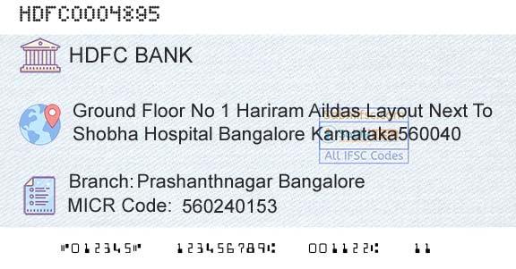 Hdfc Bank Prashanthnagar BangaloreBranch 