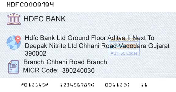 Hdfc Bank Chhani Road BranchBranch 