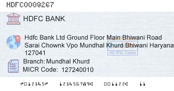 Hdfc Bank Mundhal KhurdBranch 
