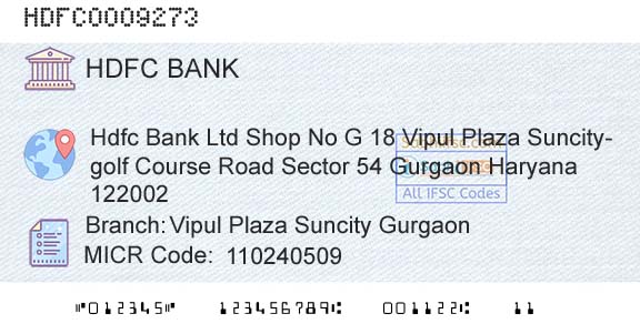 Hdfc Bank Vipul Plaza Suncity GurgaonBranch 