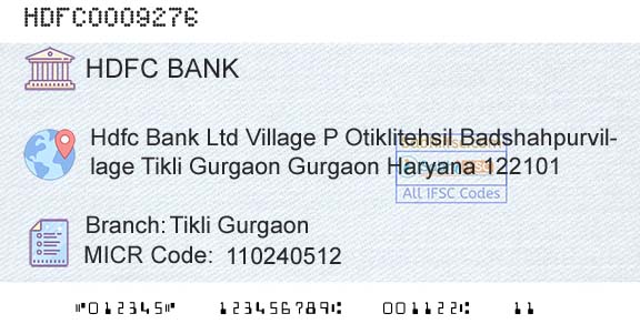 Hdfc Bank Tikli GurgaonBranch 