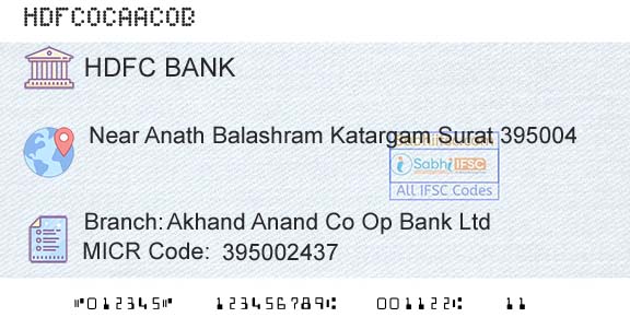 Hdfc Bank Akhand Anand Co Op Bank LtdBranch 