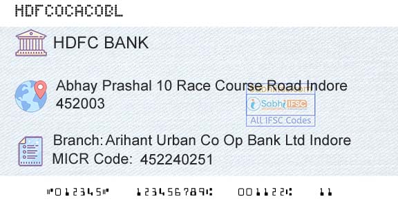 Hdfc Bank Arihant Urban Co Op Bank Ltd IndoreBranch 
