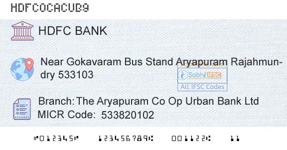Hdfc Bank The Aryapuram Co Op Urban Bank LtdBranch 