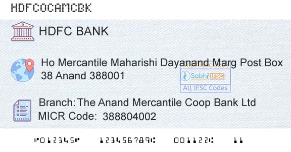 Hdfc Bank The Anand Mercantile Coop Bank LtdBranch 