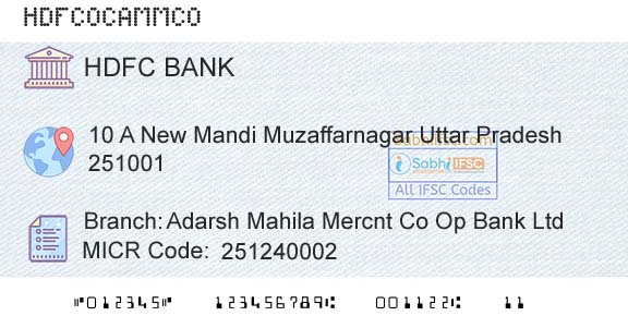 Hdfc Bank Adarsh Mahila Mercnt Co Op Bank LtdBranch 