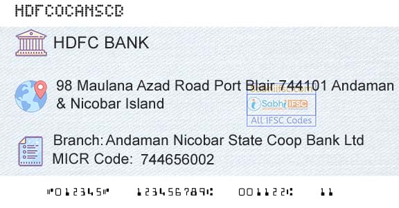 Hdfc Bank Andaman Nicobar State Coop Bank LtdBranch 